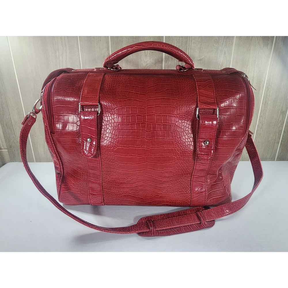 Bath & Body Works Weekender Duffle Bag Faux Crocodile Red Embossed Travel Bag